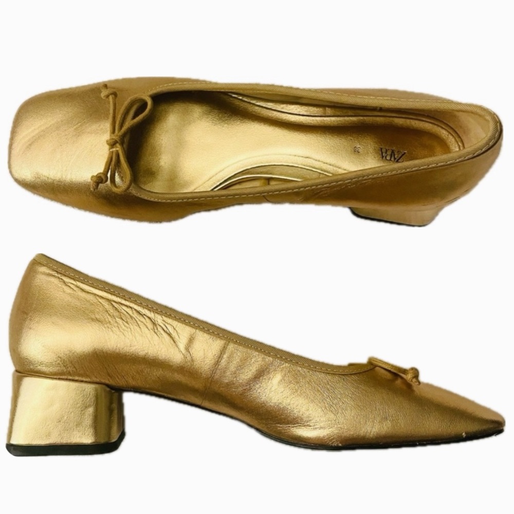Zara Gold Bow Ballet Heels